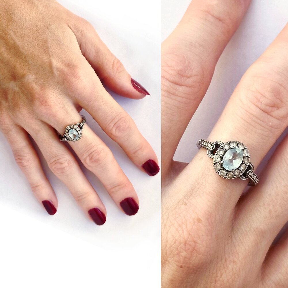 Vintage 1980s Victorian Georgian Style Sterling Silver Aquamarine Crystal Ring